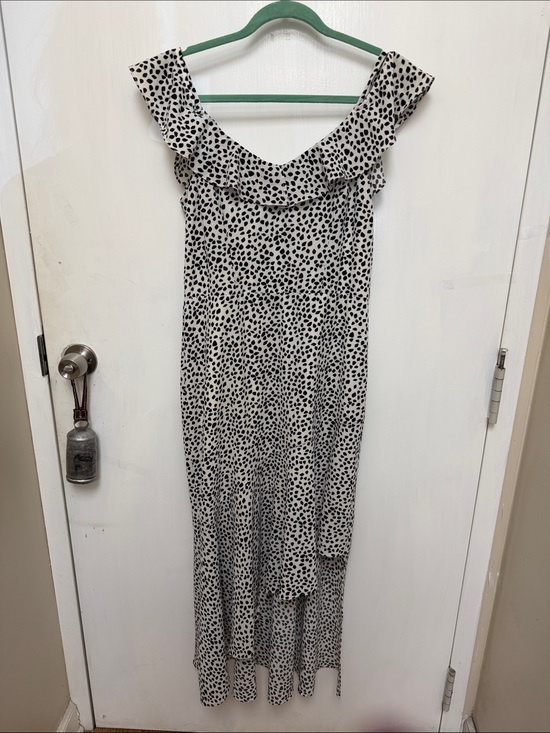 BCX Dresses & Skirts - Off-Shoulder Ruffle Midi Dress in Black and White Spot
